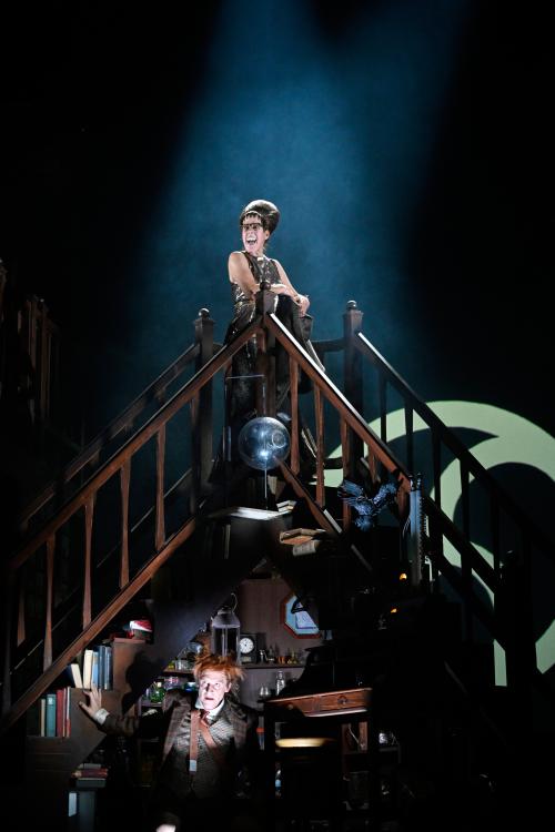 Zwei Treppen stehen so aneinander, dass eine Spitze entsteht, auf der Ute Hannig steht und den Mund weit aufreißt. Unter ihr sitzt Jan-Peter Kampwirth und stützt sich an einem Bücherregal ab.