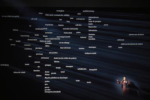 Bühnensituation: Eine schwarze Wand, auf die quer durcheinander Textstücke und Wörter projiziert werden. Rechts unten im Bild steht Julia Wieninger, ihre Hände sind erhoben, ihr Mund ist geöffnet.