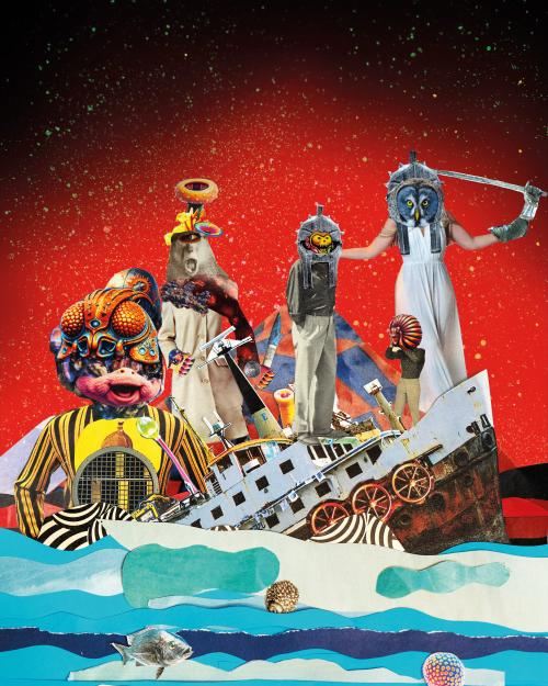 Die Collage zeigt fünf Figuren unterschiedlicher Größe vor einem roten Hintergrund mit grünen Punkten darauf. Die Figuren befinden sich auf einem Schiff, das in den Wellen des Meeres unterzugehen scheint. Die Figuren haben zum Teil Tierköpfe, ansonsten einen menschlichen Körperbau und menschliche Kleidung.  