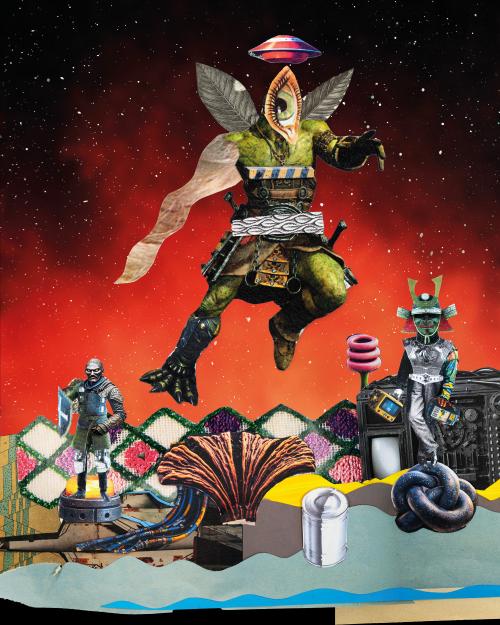 Die Collage zeigt zwei Figuren vor einem roten Hintergrund mit weißen Punkten. Die größte Figur schwebt, hat einen grünen Körper und eine Kleidung aus Leder und Metallelementen. Anstatt eines Kopfs prangt dort ein großes Auge, hinter ihr ragen zwei große Blätter in die Luft. Die Gestalt streckt einen Arm aus. Die beiden anderen Figuren tragen graue Brustpanzert, eine hält einen Schild, die andere hält zwei kleine Maschinen. Darum herum sind verschiedene Schnipsel mit unterschiedlichen, bunten Printmotiven.
