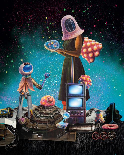 Collage mit Sci-Fi-Figuren vor einem blau-schwarzen Hintergrund. Man erkennt zwei Monitore.