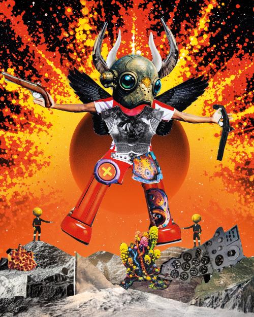 Auf der Collage zu sehen ist eine fliegende Figur mit Flügeln, Hörnern, zwei ausgestreckten, menschlichen Armen und einem überdimensional großen Helmkopf aus Metall mit großen Augen. Es hat in jeder Hand einen Revolver. Vordergründig trägt die Figur einen Brustpanzer, die Beine sehen aus wie aus rotem Kunststoff. Der Hintergrund zeigt eine Explosionsartige Grafik in gelb, rot und schwarz. Unterhalb der fliegenden Gestalt ist schroffer, grauer Untergrund sowie zwei kleine Figürchen mit gelben Köpfen. 
