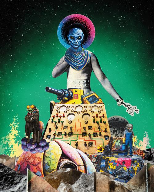 Die Collage zeigt eine Gestalt vor grünem Hintergrund, der mit weißen Punkten übersäht ist. Die Figur hat ein blaues, faltiges Gesicht und einen Heiligenschein. Anstelle einer Hand hat sie Kabel oder Zeige. Unterhalb erkennt man miteinander verbundene Schalter und Messuhren. Links und rechts unterhalb der Figur sind zwei alienartige Figuren, die eine trägt einen Blaumann, gelbe Handschuhe und einen Eimer, die andere hat vier Beine, große gelbe Augen und ein breites Grinsen im grünen Gesicht. 