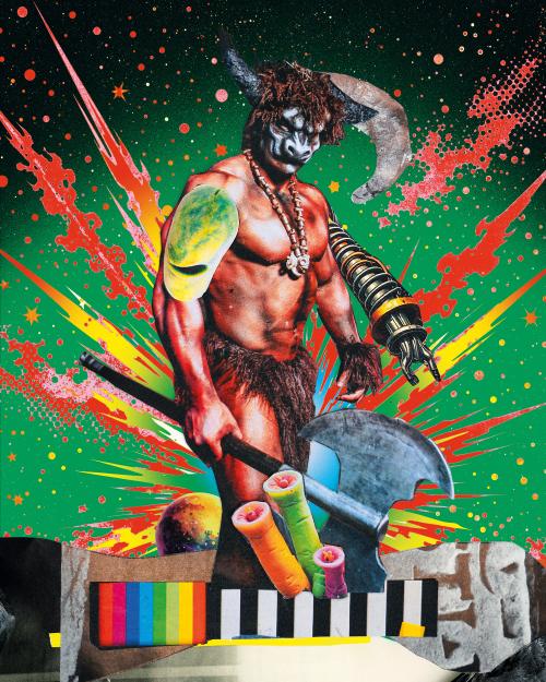 Die Collage zeigt eine große und zwei kleine Figuren. Die große Gestalt hat ein breites Grinsen, das Zähne zeigt, darunter ein großes Kinn. Der Kopf ist grün und Helmartig, auf den Augen trägt es eine große Brille mit blauem Punkt. Über dem Kopf ragen zwei silberne Blätter empor. Am Körper trägt die Figur Uniform-ähnliche Kleidung in beige und blau. Links unterhalb der Figur sind diverse Flaschen zu sehen, die beiden kleineren Figuren sind links und rechts der Großen und tragen primär schwarz. 