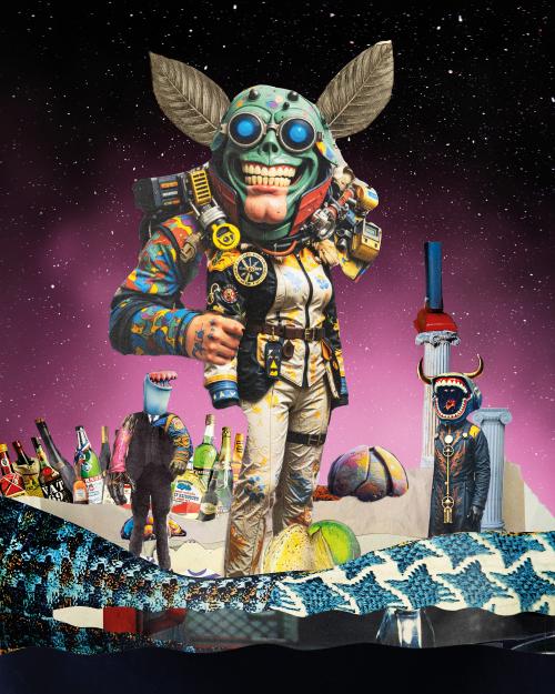Die Collage zeigt eine große und zwei kleine Figuren. Die große Gestalt hat ein breites Grinsen, das Zähne zeigt, darunter ein großes Kinn. Der Kopf ist grün und Helmartig, auf den Augen trägt es eine große Brille mit blauem Punkt. Über dem Kopf ragen zwei silberne Blätter empor. Am Körper trägt die Figur Uniform-ähnliche Kleidung in beige und blau. Links unterhalb der Figur sind diverse Flaschen zu sehen, die beiden kleineren Figuren sind links und rechts der Großen und tragen primär schwarz. 