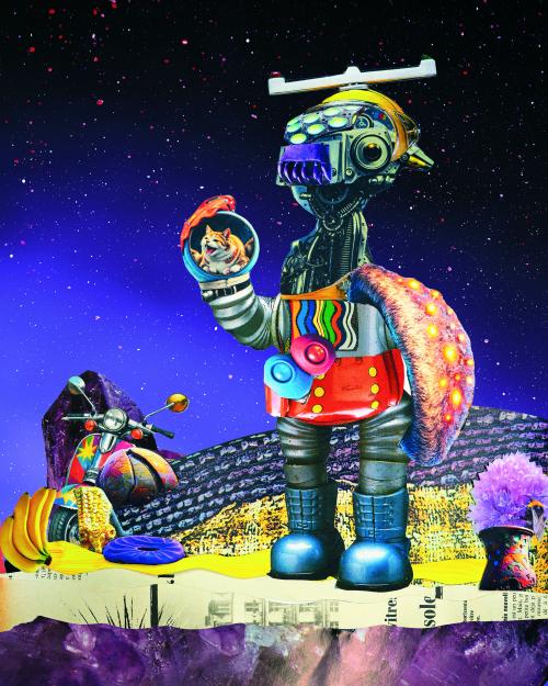 Die Collage zeigt eine Figur, die aus Elementen von Maschinen und Robotern aus Metall besteht. Zwei Beine sind auszumachen, die in Metallstiefeln stecken, ein Arm besteht aus einem Rohr und hält eine Katze. Der Hintergrund ist lila mit weißen und roten Punkten. Verschiedene Schnipsel sind zu sehen, darunter ein Moped, ein paar Bananen und lila, gelbe Materialien.