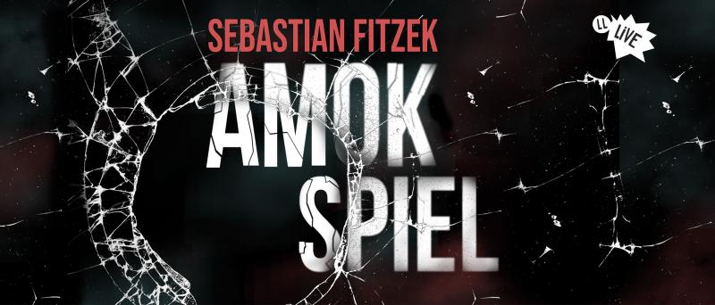 Die Grafik zeigt den Titel der Lesung und des Buches "Sebastian Fitzek: Amokspiel". Die Schrift liegt hinter einer Scheibe, die von einem EInschussloch durchschlagen wurde.