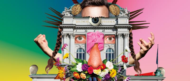 Eine bunte Collage, zusammengesetzt aus Foto-Details aus allen Bereichen des Schauspielhauses. Die Collage bildet verschiedene Gesichter und Körper.