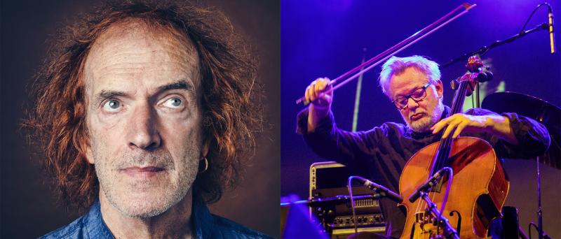 Links im Bild ist Graham Valentine zu sehen, rechts im Bild Martin Schütz. Valentine steht vor einem neutralen Hintergrund. Er schaut nach oben an der Kamera vorbei und trägt ein blaues Hemd und rote Haare. Martin Schütz sieht man in einer Konzertsituation. Er spielt Cello und hebt den Bogen zu spielen.