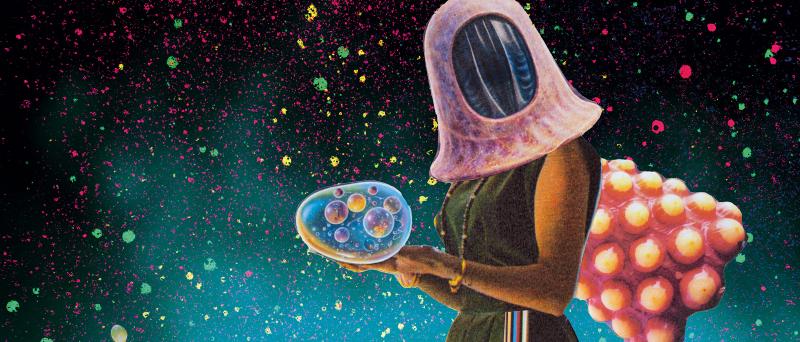 Collage mit Sci-Fi-Figuren vor einem blau-schwarzen Hintergrund. Man erkennt zwei Monitore.