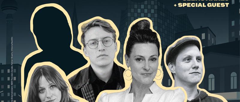Grafik für „Fun Facts“ vor einer stilisierten nächtlichen Stadtkulisse. Im Vordergrund sind fünf Porträts in Schwarz-Weiß zu sehen, darunter drei Frauen und zwei Männer; links ist außerdem die Silhouette einer weiteren Person abgebildet. Die Porträts sind mit einer gelben Kontur hervorgehoben. Oben rechts steht: „Mit Marlo Grosshardt, Christin Jugsch, Anja Reschke, Sebastian23 + Special Guest“.