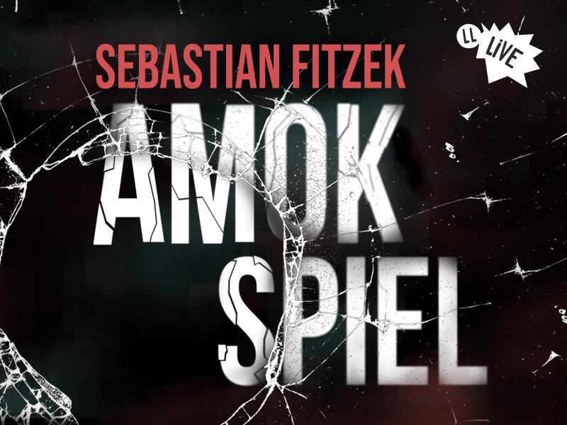 Die Grafik zeigt den Titel der Lesung und des Buches "Sebastian Fitzek: Amokspiel". Die Schrift liegt hinter einer Scheibe, die von einem EInschussloch durchschlagen wurde.