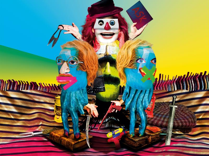 Eine bunte Collage, zusammengesetzt aus Foto-Details aus allen Bereichen des Schauspielhauses. Die Collage bildet verschiedene Gesichter und Körper.