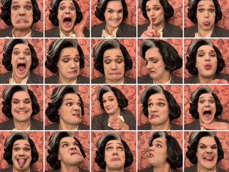 In ganz vielen Bilder-Kacheln ist das Gesicht von Schauspieler Matti Kraus vor einem rosafarbenen Hintergrund zu sehen. Er macht verschiedene Grimassen und Gesichtsausdrücke und trägt das Kostüm von "Tante Esther": Eine schwarze schulterlange Perücke mit grauen Strähnen und einen grauen Blazer.