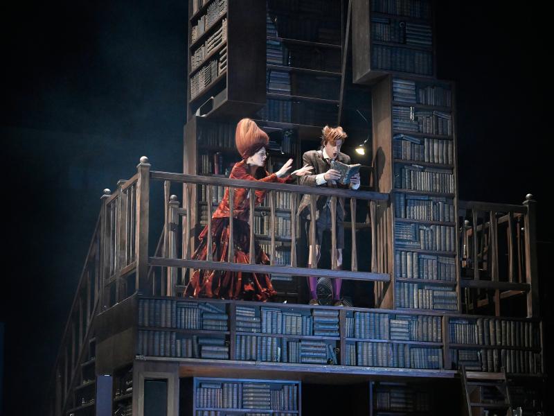 Auf einem Balkon inmitten vieler aufgetürmter Bücherregale stehen Alberta von Poelnitz und Jan-Peter Kampwirth. Er hat ein Buch aufgeschlagen und schaut mit geöffnetem Mund hinein, Alberta geht auf ihn zu und streckt die Arme nach dem Buch aus. 