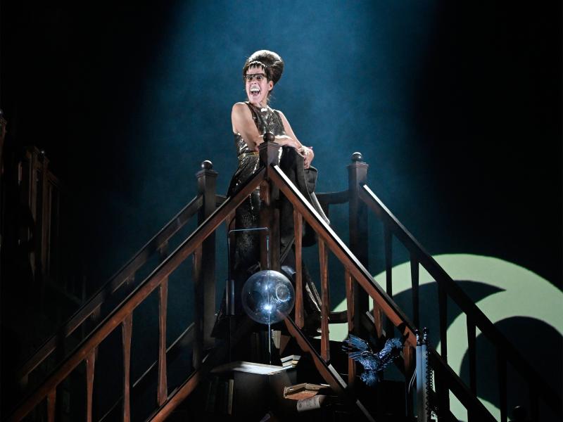 Zwei Treppen stehen so aneinander, dass eine Spitze entsteht, auf der Ute Hannig steht und den Mund weit aufreißt, die Zähne gefletscht.