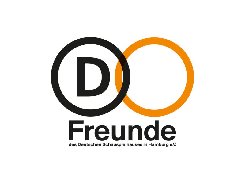 Das Logo des Freundeskreises der Deutschen Schauspielhauses. Ein schwarzer und ein oranger Kreis, die sich überschneiden. In dem schwarzen Kreis steht ein großes "D". Darunter der Schriftzug "Freunde des Deutschen Schauspielhauses in Hamburg e.V"