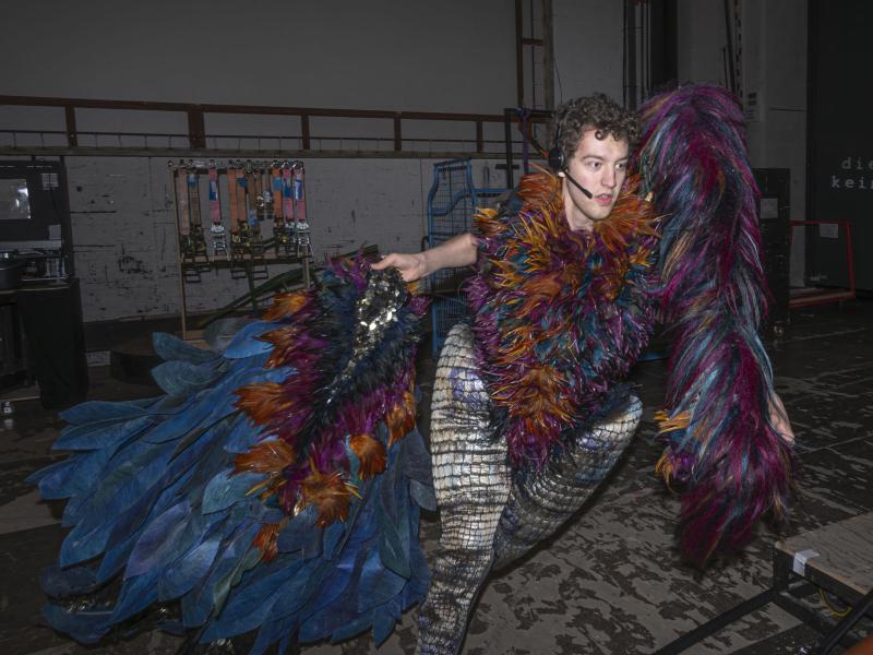 Ein Mann in einem auffällig buntem Vogelkostüm mit vielen Federn rennt über die Hinterbühne. Er hat ein Headset auf.