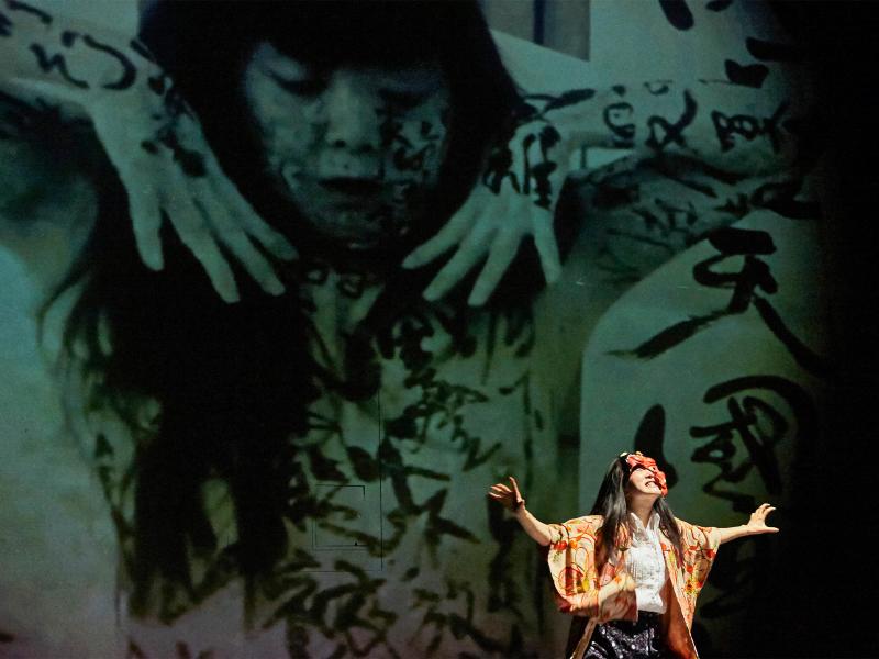 Bühnensituation. Sachiko Hara steht vor einer großen Leinwand, darauf sind Fotos von ihr selber projiziert. Sie trägt eine weiße Bluse und eine dunkle Hose. Darüber trägt sie eine bunt gemusterte Jacke. Sie hat lange schwarze Haare, die sie offen trägt, hat die Augen geschlossen und zeigt die Zähne. Beide Arme hat sie nach recht und links ausgebreitet und hält sie etwas über Schulterhöhe.