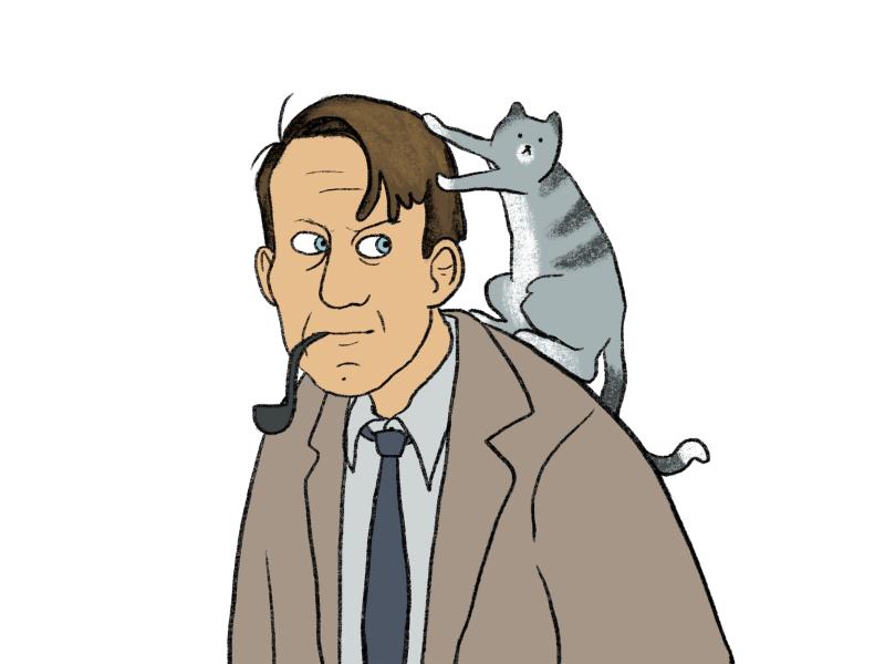 Eine Illustration des Autors Siegfried Lenz. Er trägt darauf ein helles Hemd, eine dunkle Krawatte und eine beige Jacke. Er hat eine Pfeife im Mund und ihm sitzt eine graue Katze auf der Schulter.