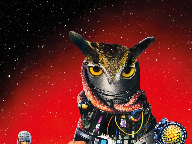 Die Collage zeigt eine große und eine kleine Figur. Die Große hat einen Körper, der an einen weißen Roboter erinnert, auf dem Kopf thront ein Eulenkopf und Tentakeln um den Hals. Aus der Körpermitte ragen drei Hände. Die kleine Gestalt hat einen überdimensional großen Kopf aus Metall, darunter zeigt sich ein gelbes Gesicht und einen roten offenen Mund. Sie hält ein Schwert in der Hand. 