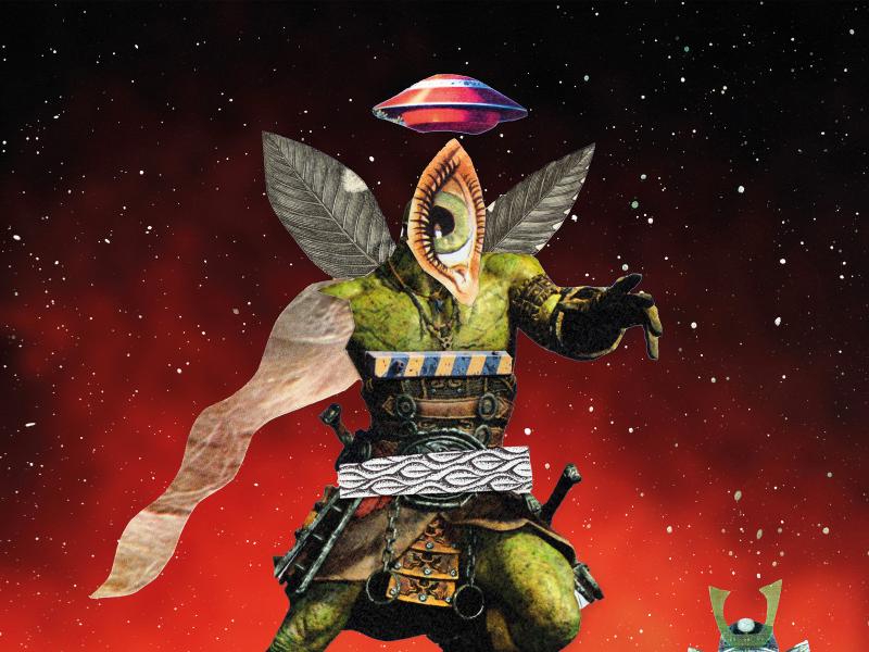 Die Collage zeigt zwei Figuren vor einem roten Hintergrund mit weißen Punkten. Die größte Figur schwebt, hat einen grünen Körper und eine Kleidung aus Leder und Metallelementen. Anstatt eines Kopfs prangt dort ein großes Auge, hinter ihr ragen zwei große Blätter in die Luft. Die Gestalt streckt einen Arm aus. Die beiden anderen Figuren tragen graue Brustpanzert, eine hält einen Schild, die andere hält zwei kleine Maschinen. Darum herum sind verschiedene Schnipsel mit unterschiedlichen, bunten Printmotiven.