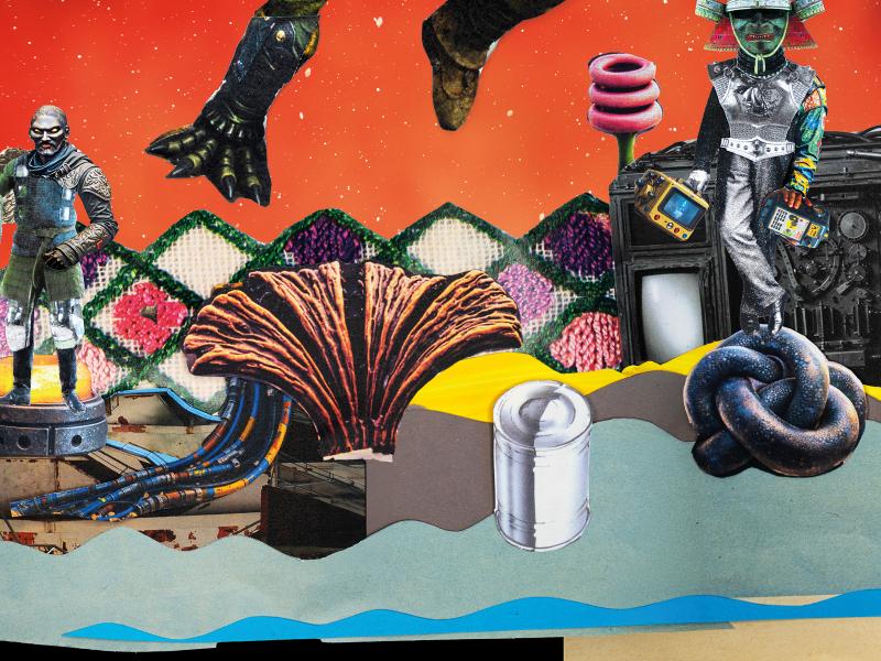 Die Collage zeigt zwei Figuren vor einem roten Hintergrund mit weißen Punkten. Die größte Figur schwebt, hat einen grünen Körper und eine Kleidung aus Leder und Metallelementen. Anstatt eines Kopfs prangt dort ein großes Auge, hinter ihr ragen zwei große Blätter in die Luft. Die Gestalt streckt einen Arm aus. Die beiden anderen Figuren tragen graue Brustpanzert, eine hält einen Schild, die andere hält zwei kleine Maschinen. Darum herum sind verschiedene Schnipsel mit unterschiedlichen, bunten Printmotiven.