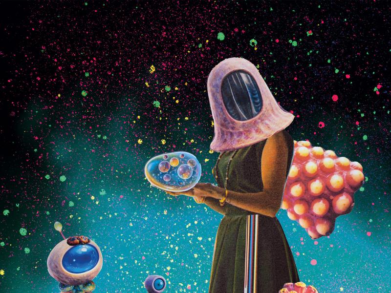Collage mit Sci-Fi-Figuren vor einem blau-schwarzen Hintergrund. Man erkennt zwei Monitore.
