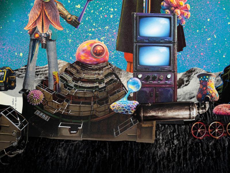 Collage mit Sci-Fi-Figuren vor einem blau-schwarzen Hintergrund. Man erkennt zwei Monitore.