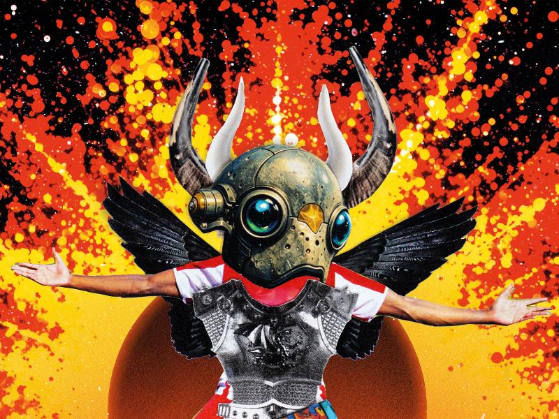 Auf der Collage zu sehen ist eine fliegende Figur mit Flügeln, Hörnern, zwei ausgestreckten, menschlichen Armen und einem überdimensionalgroßen Helmkopf aus Metall mit großen Augen. Es hat in jeder Hand einen Revolver. Vordergründig trägt die Figur einen Brustpanzer, die Beine sehen aus wie aus rotem Kunststoff. Der Hintergrund zeigt eine Explosionsartige Grafik in gelb, rot und schwarz. Unterhalb der fliegenden Gestalt ist schroffer, grauer Untergrund sowie zwei kleine Figürchen mit gelben Köpfen. Außerdem