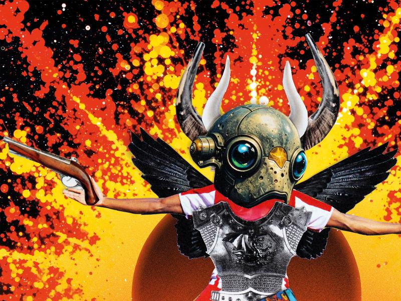 Auf der Collage zu sehen ist eine fliegende Figur mit Flügeln, Hörnern, zwei ausgestreckten, menschlichen Armen und einem überdimensional großen Helmkopf aus Metall mit großen Augen. Es hat in jeder Hand einen Revolver. Vordergründig trägt die Figur einen Brustpanzer, die Beine sehen aus wie aus rotem Kunststoff. Der Hintergrund zeigt eine Explosionsartige Grafik in gelb, rot und schwarz. Unterhalb der fliegenden Gestalt ist schroffer, grauer Untergrund sowie zwei kleine Figürchen mit gelben Köpfen. 