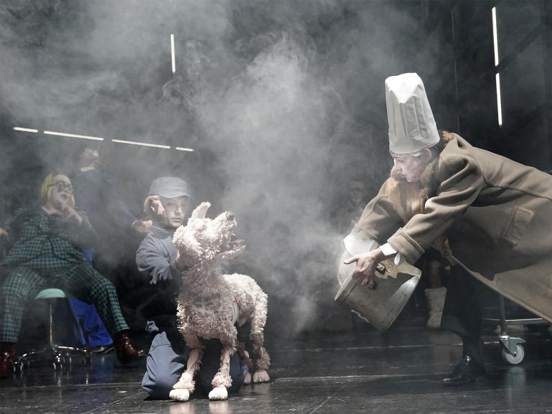 Im Vordergrund ist Felix Knopp zu sehen, er trägt eine weiße Kochmütze und einen langen beigen Mantel und hält einen großen Kochtopf, aus dem es stark qualmt. Links von ihm ist eine lebensgroße Hundepuppe zu sehen, die von Oscar Olivo gespielt wird. Letzterer hält den Hundekopf und ist in blauem Overall und farblich passender Schirmmütze gekleidet. Im linken Hintergrund sitzt Bettina Stucky in grün-schwarz kariertem Hosenanzug und gelber Perücke auf einem Drehstuhl.  