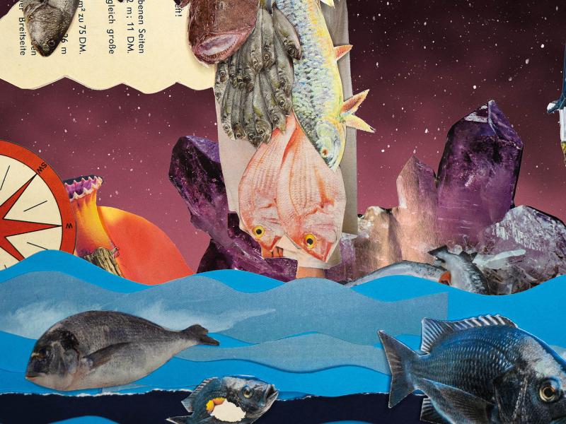 Die Collage zeigt eine Figur, die aus Fischen besteht, einen lila Kopf hat, zwei Hörner und zwei goldene Flügel trägt. In beiden ausgestreckten Händen trägt sie ebenfalls zwei Fische. Die Gestalt ragt aus lila Edelsteinen hervor, die wiederum aus blauen Wellen hervorragen. Links sieht man einen Kompass, rechts im Bild einen Krahn. Der Hintergrund ist dunkel mit weißen Punkten übersäht.