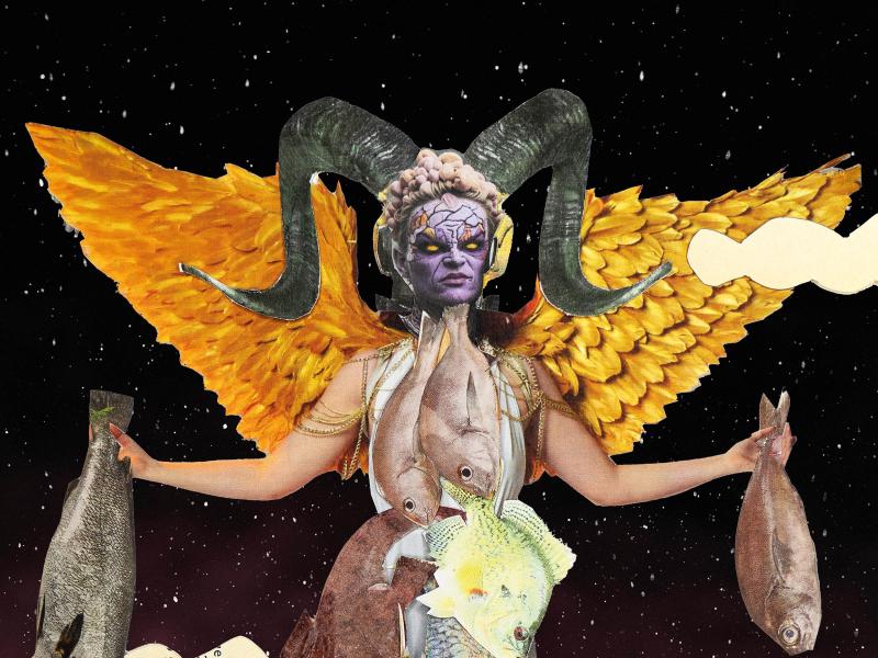 Die Collage zeigt eine Figur, die aus Fischen besteht, einen lila Kopf hat, zwei Hörner und zwei goldene Flügel trägt. In beiden ausgestreckten Händen trägt sie ebenfalls zwei Fische. Die Gestalt ragt aus lila Edelsteinen hervor, die wiederum aus blauen Wellen hervorragen. Links sieht man einen Kompass, rechts im Bild einen Krahn. Der Hintergrund ist dunkel mit weißen Punkten übersäht.