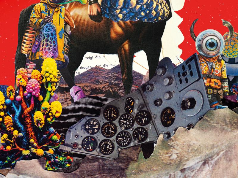 Die Collage zeigt eine Figur, die einem Zentauren in der Statur ähnlich ist. Als Kopf hat er eine große Kugel, die an ein Auge erinnert. Zwei kleine Figuren sind links und rechts von ihm positioniert. Beide haben eine Sci-Fi-Optik und haben orange-gelbe Anzüge an sowie Hörner auf dem Kopf. Im Vordergrund sieht man korallenartige Gebilde, der Hintergrund ist rot bis dunkelrot und ist mit weißen und roten Punkten übersäht.