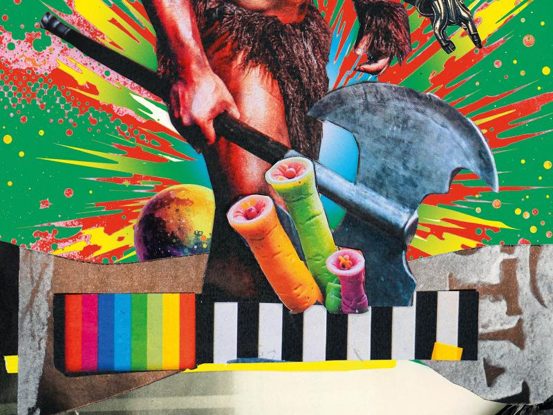 Die Collage zeigt eine Figur, die viele Muskeln und wenig Kleidung hat. Auf dem Kopf thronen zwei Hörner und wuschelige Haare, das Gesicht hat etwas Animalisches und schaut grimmig. In der einen Hand trägt die Gestalt eine große Doppelaxt. Der Hintergrund ist grün, darauf erkennt man explosionsartige Grafiken in rot und gelb. 