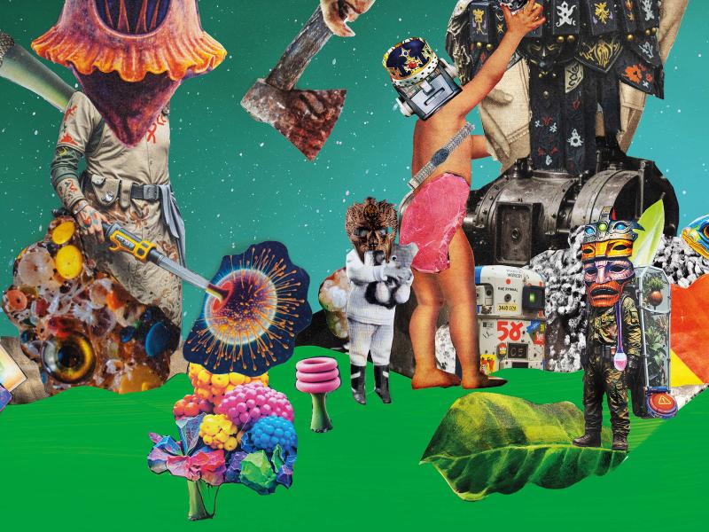 Die Collage zeigt unterschiedliche Figuren, die miteinander interagieren und aus Sci-Fi-Motiven gebaut sind. Der blau-grüne Hintergrund ist mit weißen Punkten versehen. Eine Figur trägt eine Axt, unterschiedliche Gestalten tragen roboterartige Köpfe und uniformierte, stählerne oder halb-nackte Körper. Der untere Bildrand ist grün und mit bunten pflanzenähnlichen Motiven.