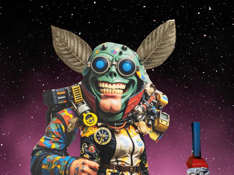 Die Collage zeigt eine große und zwei kleine Figuren. Die große Gestalt fällt durch ein breites Grinsen auf, das menschliche Zähne zeigt, darunter erkennt man ein großes Kinn. Ansonsten ist der Kopf grün und Helmartig, auf den Augen trägt es eine große Brille mit blauem Punkt in der Mitte. Über dem Kopf ragen zwei silberne Blätter empor. Am Körper trägt die Figur Uniform-ähnliche Kleidung in beige und blau mit bunten Verzierungen. Ein zusätzlicher Arm ist angewinkelt und entblößt eine tattoowierte Faust. Li