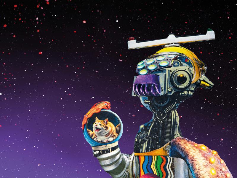 Die Collage zeigt eine Figur, die aus Elementen von Maschinen und Robotern aus Metall besteht. Zwei Beine sind auszumachen, die in Metallstiefeln stecken, ein Arm besteht aus einem Rohr und hält eine Katze. Der Hintergrund ist lila mit weißen und roten Punkten. Verschiedene Schnipsel sind zu sehen, darunter ein Moped, ein paar Bananen und lila, gelbe Materialien.