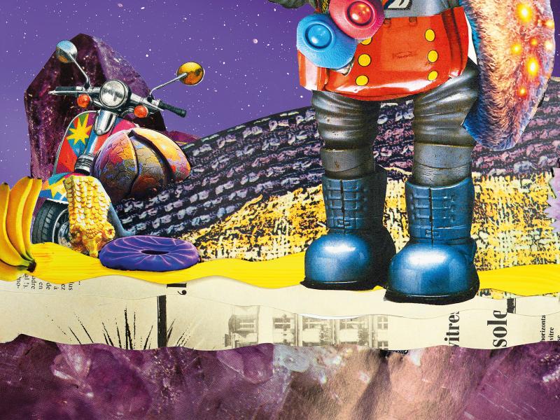 Die Collage zeigt eine Figur, die aus Elementen von Maschinen und Robotern aus Metall besteht. Zwei Beine sind auszumachen, die in Metallstiefeln stecken, ein Arm besteht aus einem Rohr und hält eine Katze. Der Hintergrund ist lila mit weißen und roten Punkten. Verschiedene Schnipsel sind zu sehen, darunter ein Moped, ein paar Bananen und lila, gelbe Materialien.