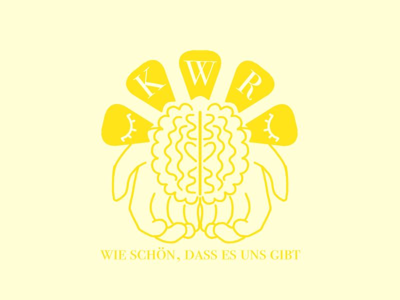 Zu sehen ist eine grafische Zeichnung eines Gehirns, das von zwei Händen gehalten wird. Darüber sind die Buchstaben K, W und R. Unten steht: Wie schön, dass es uns gibt.
