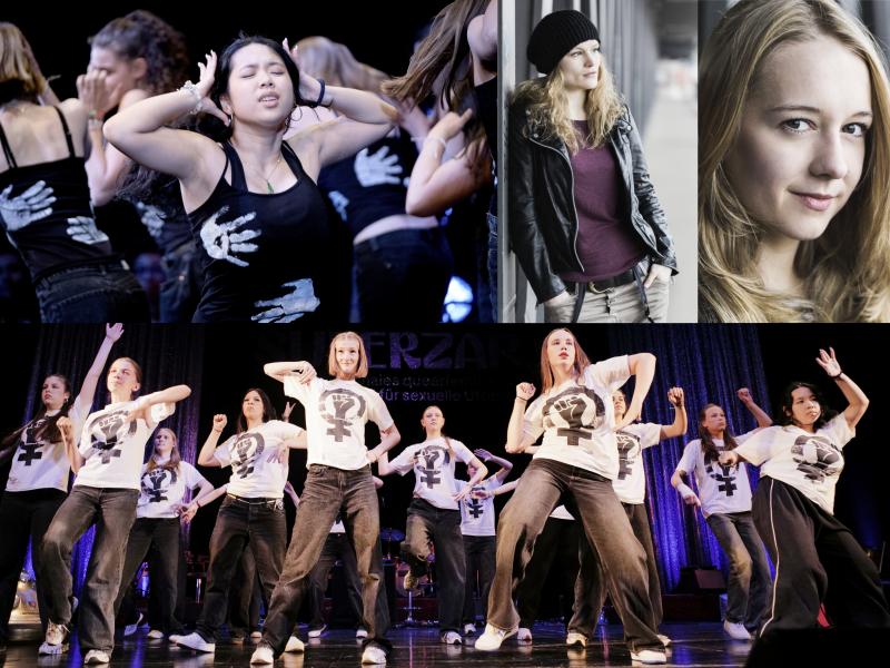 Collage mit einer tanzenden Gruppe bei einer Bühnenperformance, einer tanzenden Person im Publikum sowie zwei Porträts. Die Tänzer*innen tragen weiße T-Shirts mit feministischen Symbolen und bewegen sich vor einer beleuchteten Bühne.