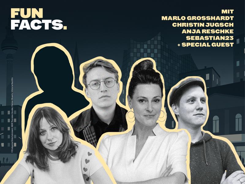 Grafik für „Fun Facts“ vor einer stilisierten nächtlichen Stadtkulisse. Im Vordergrund sind fünf Porträts in Schwarz-Weiß zu sehen, darunter drei Frauen und zwei Männer; links ist außerdem die Silhouette einer weiteren Person abgebildet. Die Porträts sind mit einer gelben Kontur hervorgehoben. Oben rechts steht: „Mit Marlo Grosshardt, Christin Jugsch, Anja Reschke, Sebastian23 + Special Guest“.