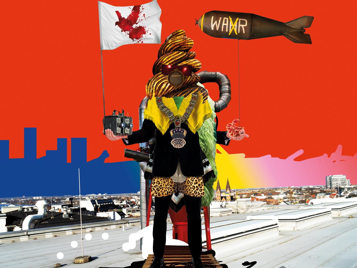 Eine bunte Collage, zusammengesetzt aus Foto-Details aus allen Bereichen des Schauspielhauses. Die Collage bildet verschiedene Gesichter und Körper.