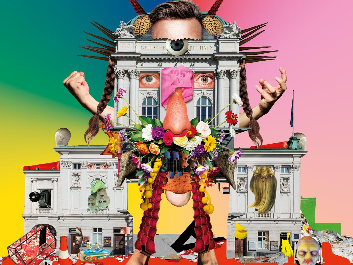 Eine bunte Collage, zusammengesetzt aus Foto-Details aus allen Bereichen des Schauspielhauses. Die Collage bildet verschiedene Gesichter und Körper.