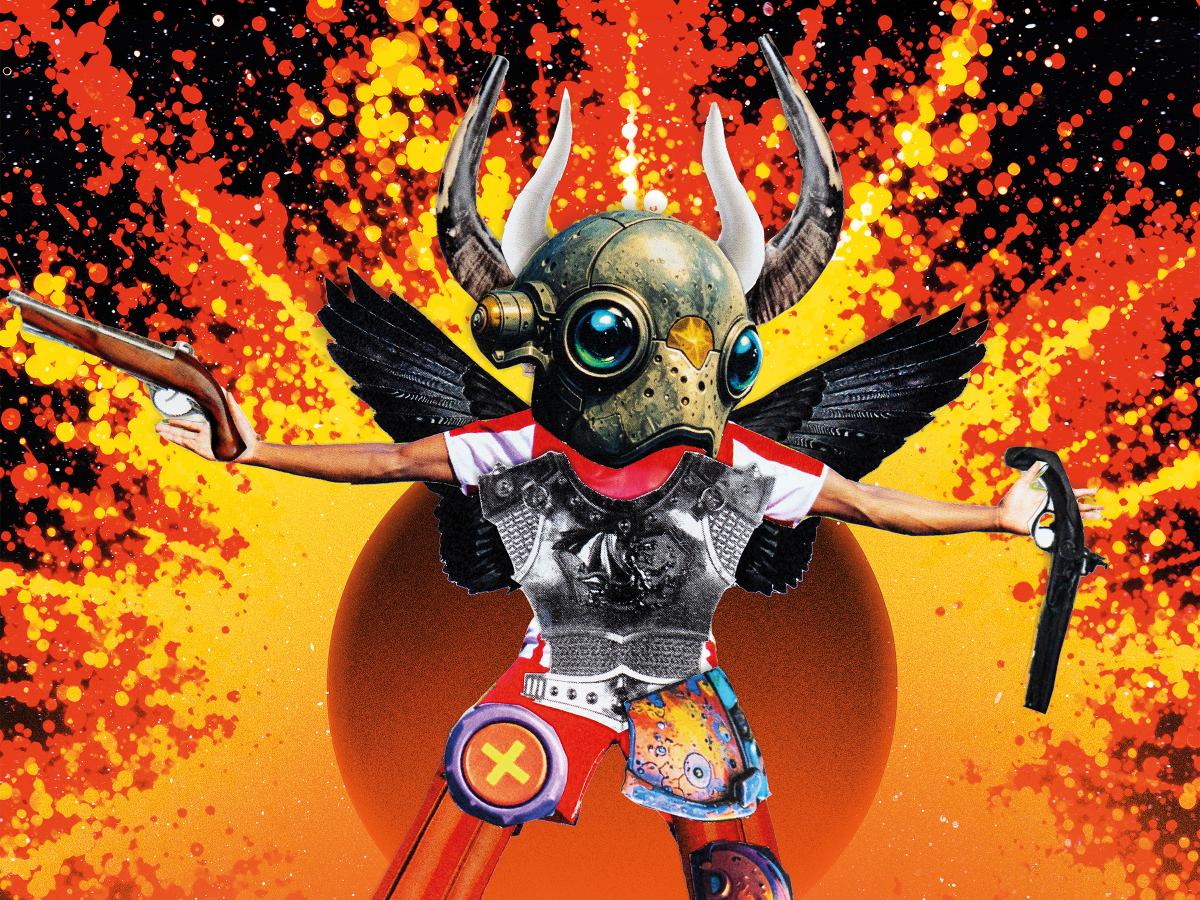 Auf der Collage zu sehen ist eine fliegende Figur mit Flügeln, Hörnern, zwei ausgestreckten, menschlichen Armen und einem überdimensional großen Helmkopf aus Metall mit großen Augen. Es hat in jeder Hand einen Revolver. Vordergründig trägt die Figur einen Brustpanzer, die Beine sehen aus wie aus rotem Kunststoff. Der Hintergrund zeigt eine Explosionsartige Grafik in gelb, rot und schwarz. Unterhalb der fliegenden Gestalt ist schroffer, grauer Untergrund sowie zwei kleine Figürchen mit gelben Köpfen. 