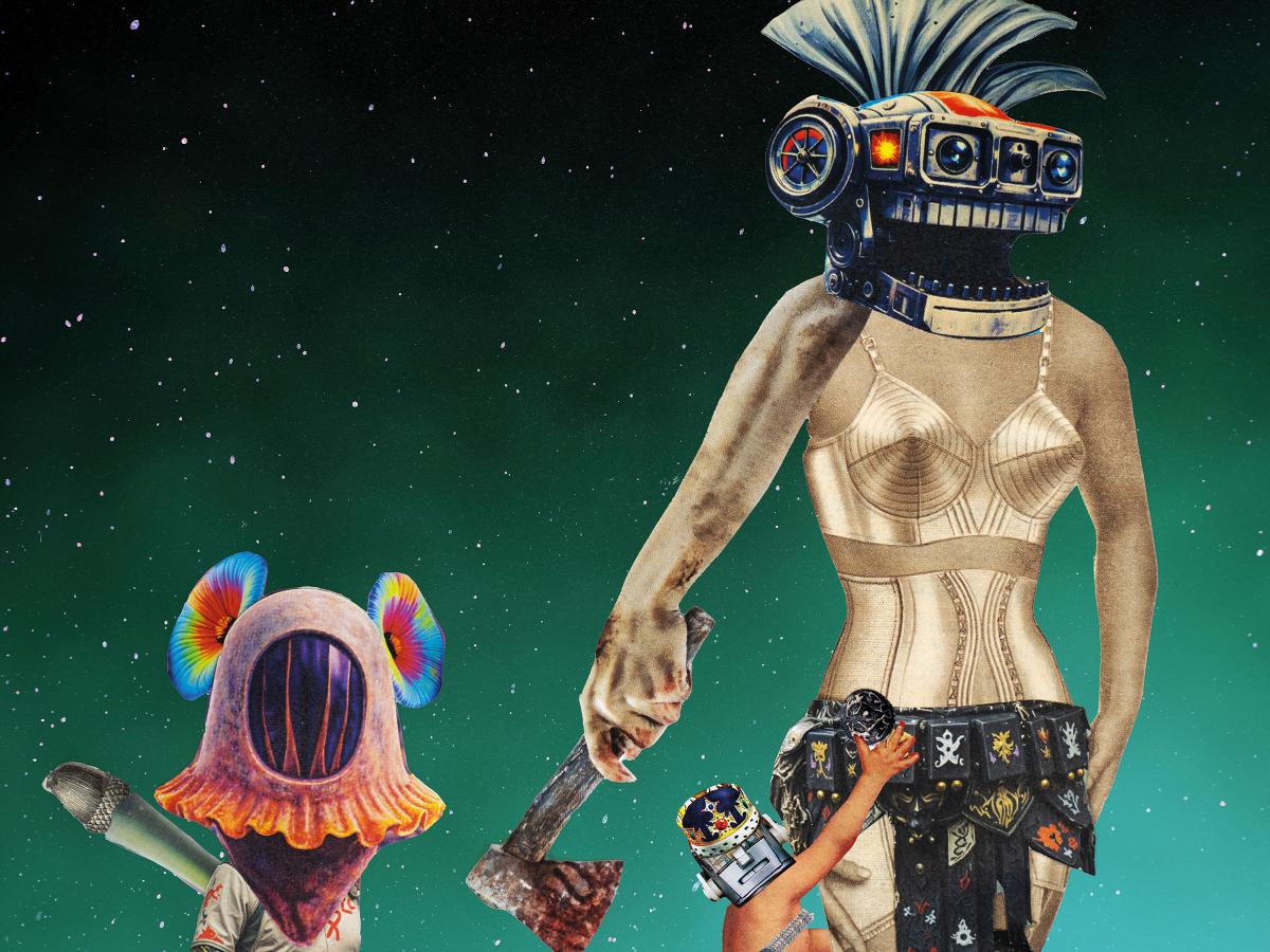 Die Collage zeigt unterschiedliche Figuren, die miteinander interagieren und aus Sci-Fi-Motiven gebaut sind. Der blau-grüne Hintergrund ist mit weißen Punkten versehen. Eine Figur trägt eine Axt, unterschiedliche Gestalten tragen roboterartige Köpfe und uniformierte, stählerne oder halb-nackte Körper. Der untere Bildrand ist grün und mit bunten pflanzenähnlichen Motiven.