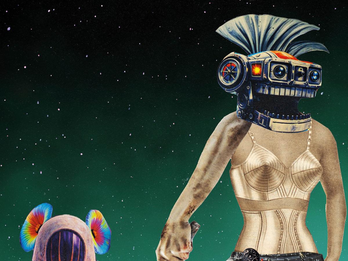 Die Collage zeigt unterschiedliche Figuren, die miteinander interagieren und aus Sci-Fi-Motiven gebaut sind. Der blau-grüne Hintergrund ist mit weißen Punkten versehen. Eine Figur trägt eine Axt, unterschiedliche Gestalten tragen roboterartige Köpfe und uniformierte, stählerne oder halb-nackte Körper. Der untere Bildrand ist grün und mit bunten pflanzenähnlichen Motiven.