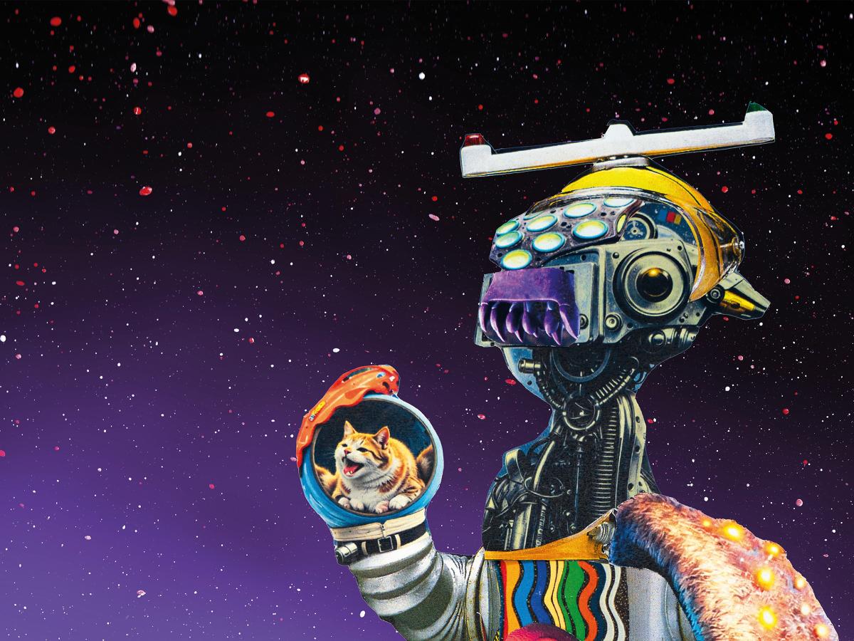 Die Collage zeigt eine Figur, die aus Elementen von Maschinen und Robotern aus Metall besteht. Zwei Beine sind auszumachen, die in Metallstiefeln stecken, ein Arm besteht aus einem Rohr und hält eine Katze. Der Hintergrund ist lila mit weißen und roten Punkten. Verschiedene Schnipsel sind zu sehen, darunter ein Moped, ein paar Bananen und lila, gelbe Materialien.